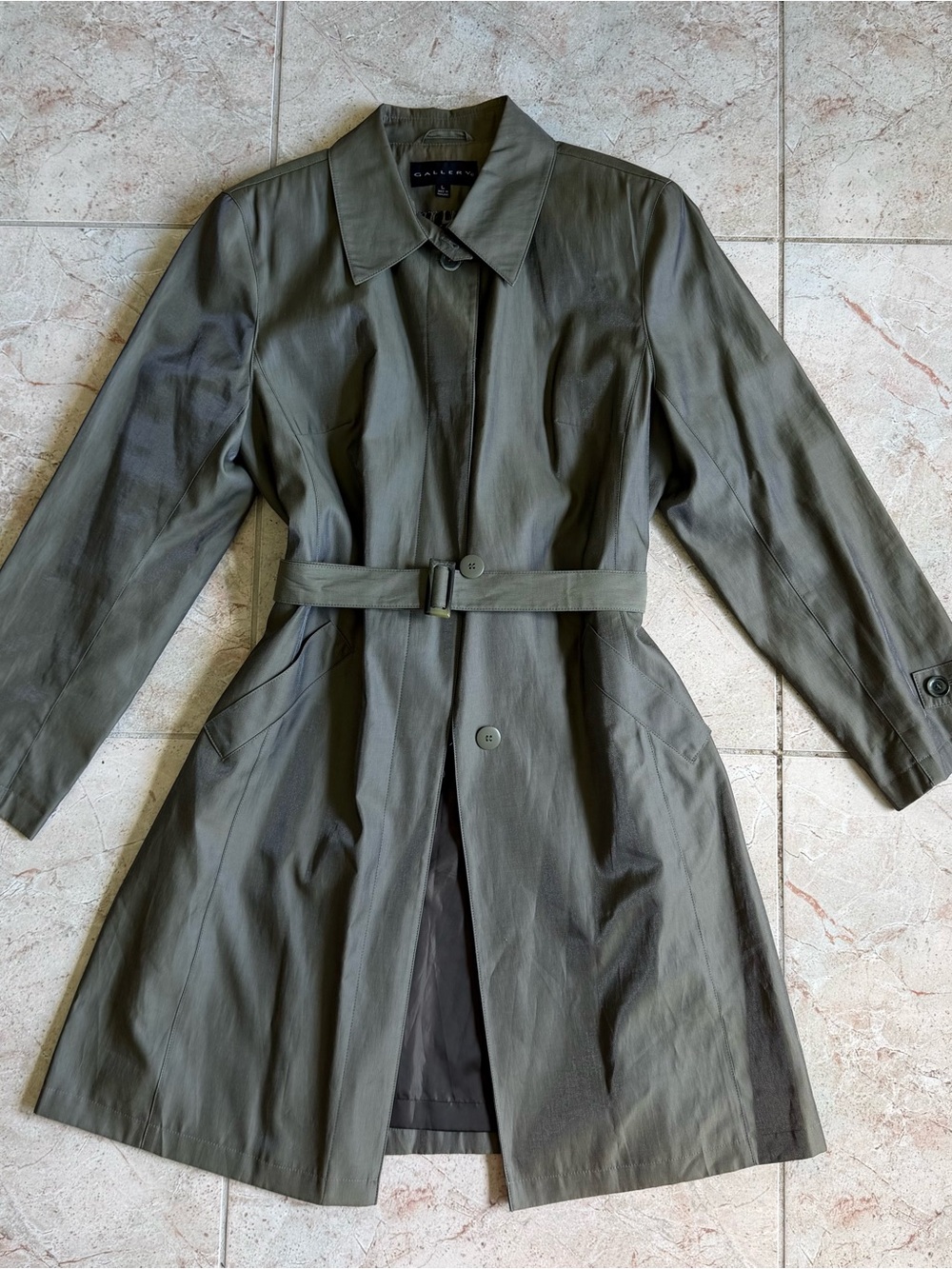 Gallery khaki green trench coat with belted waist. L.